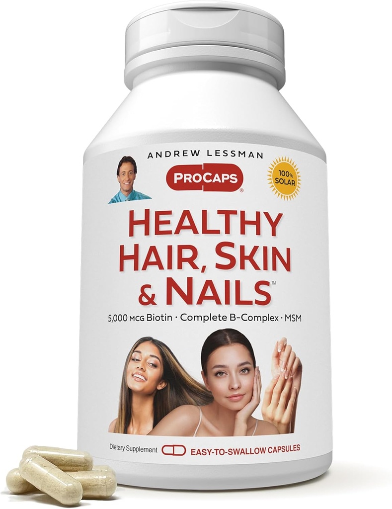 ANDREW LESSMAN Healthy Hair, Skin and Nails 60 Capsules - 5000 mcg High Bioactivity Biotin, B-Complex. Promotes Beautiful Skin, Strong Nails. No Additives Hair Growth Vitamins Biotin Supplement