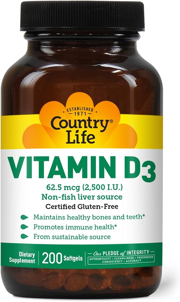 Country Life Βιταμίνη D3 2500 IU – Μη Fish Παράγεται, Υψηλής ισχύος Βιταμίνη D3 για την Οστική Δύναμη, Ανοσολογική Υποστήριξη & Απορρόφηση Ασβεστίου – Certified Gluten-Free, 200 Softgels