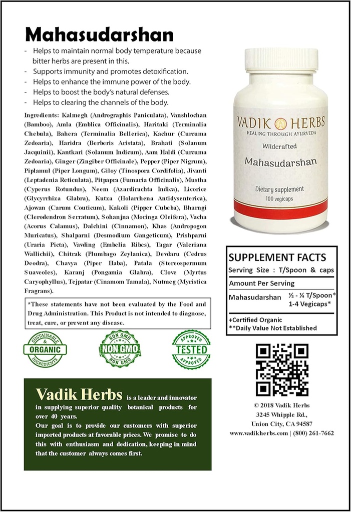 Sertifikalı Organik Vadik Herbs Mahasudarshan Toz 1lb. Pack | Destekler Immunity ve Discovers Detoxification, Normal Vücut Sıcaklıklarını Korumaya Yardımcı Oldu