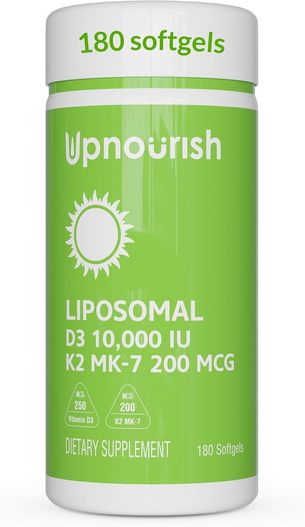 UpNourish Liposomal D3 K2 Vitamin 10000 İ D3 ve K2 MK-7 200 mcg - 180 Vitamin D3 k2 (Vitamina D3 con K2) Mini Softgels - Swallow K2 D3 Vitamini