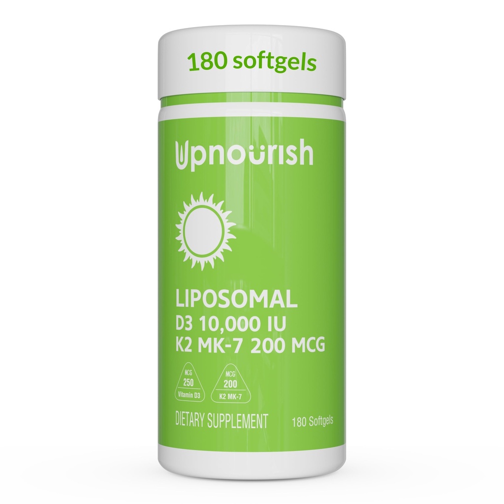 UpNourish Liposomal D3 K2 Vitamin 10000 IU D3 και K2 MK-7 200 mcg - 180 Βιταμίνη D3 k2 (Vitamina D3 con K2) Mini Softgels - Εύκολο στην κατάποση K2 D3 Βιταμίνη