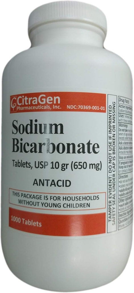 sodyum Bikarbonat Tabletleri USP 650 mg (10js) for Relief of Acid Indigestion, Heartburn, Sour Stomach & Upset Stomach 1000 Tabletleri CitraGen Farms Inc