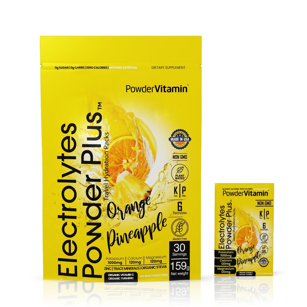 PowderVitamin Electrolytes Powder Plus, Keto, Orange Pineapple, Sugar Free, 1000mg Potassium, 120mg Calcium, 120mg Magnesium, Non-GMO, Zero Calories, 30 Hydration Packets