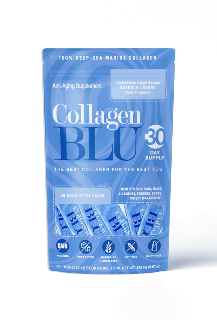 Collagen BLU Premium θαλάσσιο κολλαγόνο με Superfood παράγωγη βιταμίνη C για καλύτερη απορρόφηση, τύπου 1 και 3, μη GMO, Παλαιό & Κέτο Φιλικό, 30 Stick συσκευασίες