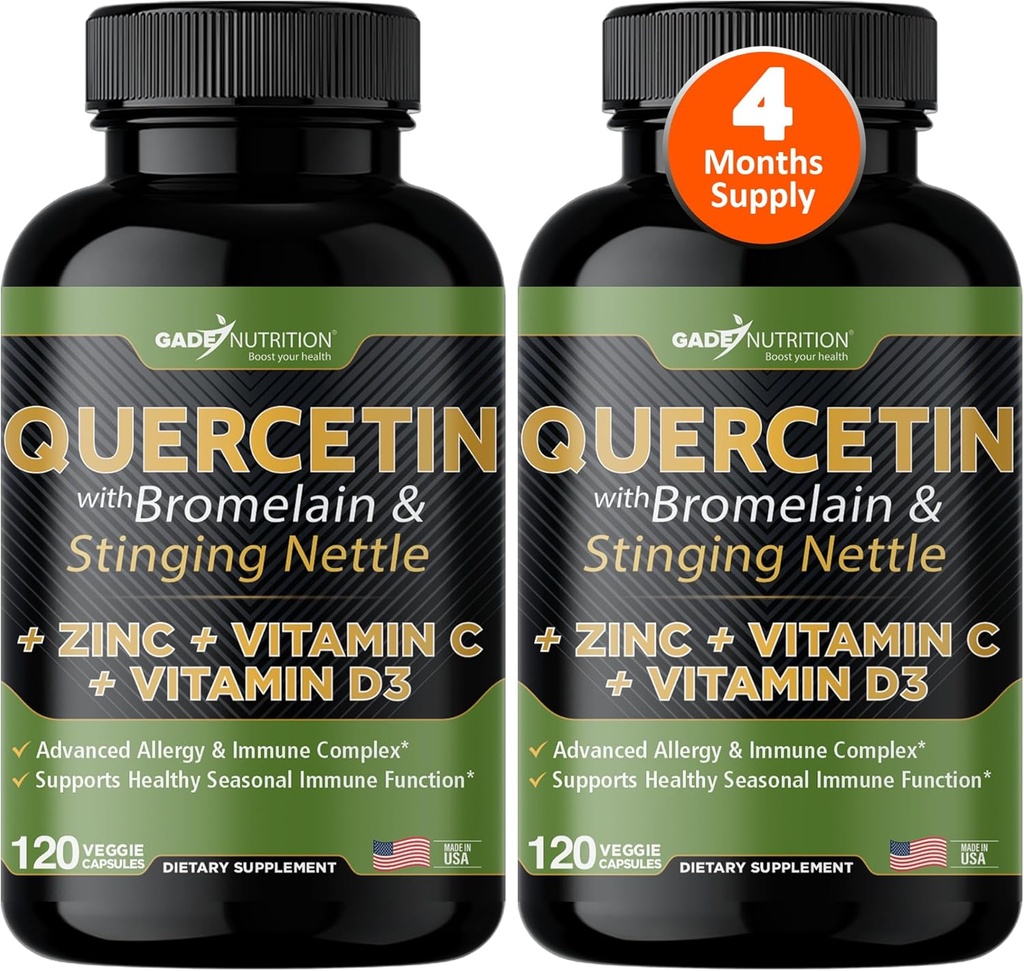 Gade Nutrition Quercetin με βιταμίνη C και ψευδάργυρο - Nettle Quercetin - Quercetin 500mg - Quercetin με Bromelain - ψευδάργυρος Quercetin + βιταμίνη D3-240 Veggie Caps - Μη-GMO - 4 Μήνες προσφοράς