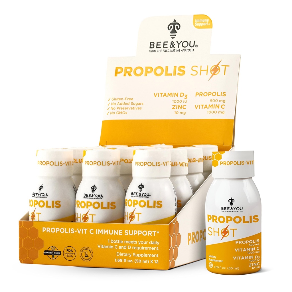 BEE ve You Immune Support 100% Natural Propolis Shot Supplement, Antioksis, C, VIT D3, çinko, Orange Juice, Raw Honey, 1.69 fl. oz x 12 Şişes