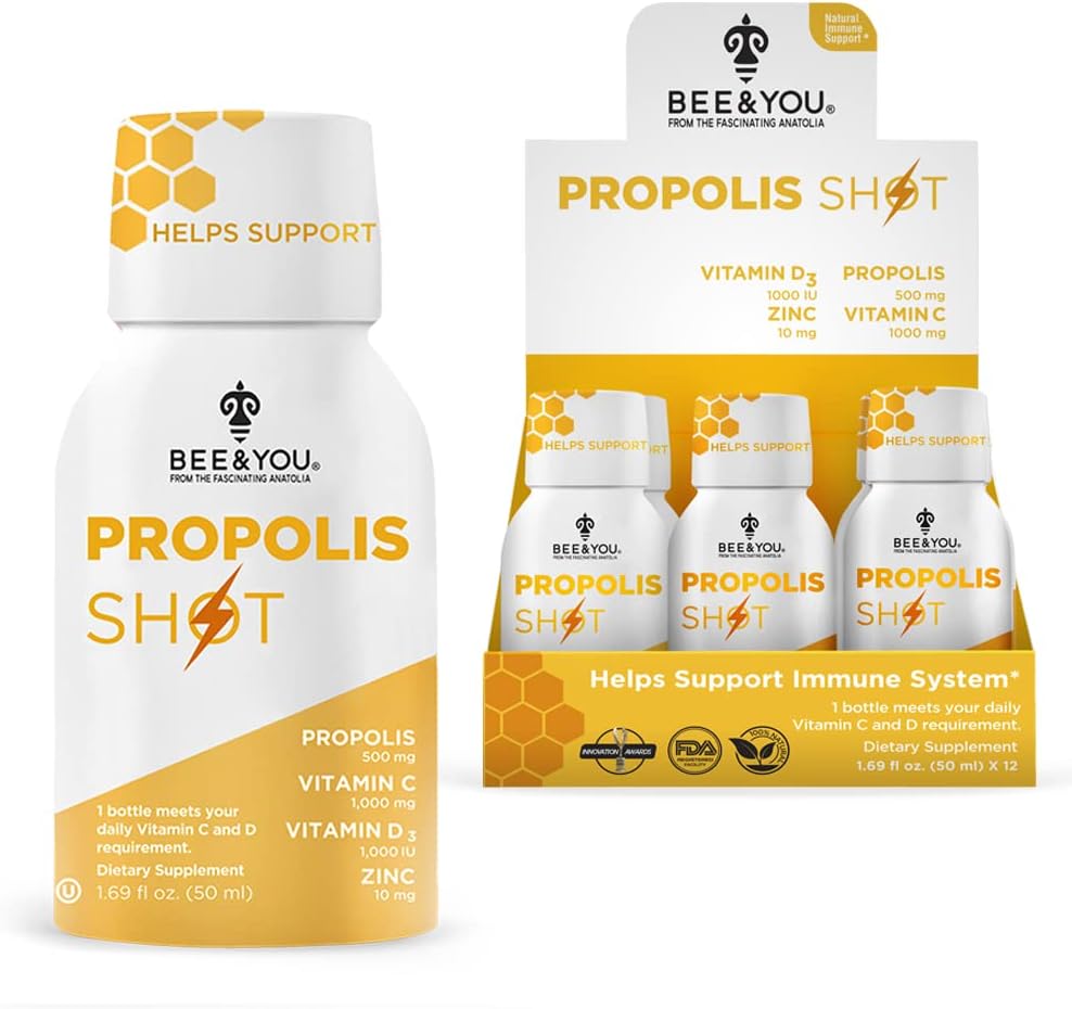 BEE ve You Immune Support 100% Natural Propolis Shot Supplement, Antioksis, C, VIT D3, çinko, Orange Juice, Raw Honey, 1.69 fl. oz x 12 Şişes