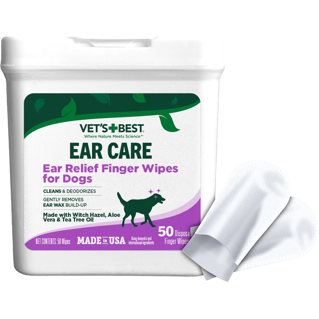 Vet's Best Ear Relief Finger Wipes, Ear Cleansing Finger Wipes for Dogs, Sooths & Deodorizes, 50 Full Dog Wipes