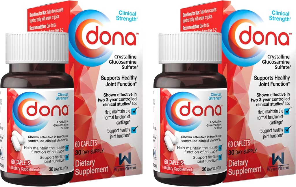 Dona Crystalline Glucosamine Sulfate, 750 Mg, Diz Comfort & Ortak Sağlık Desteği için Ortak Supplement Pills, 750 Mg, 60 Count (2 Pack).