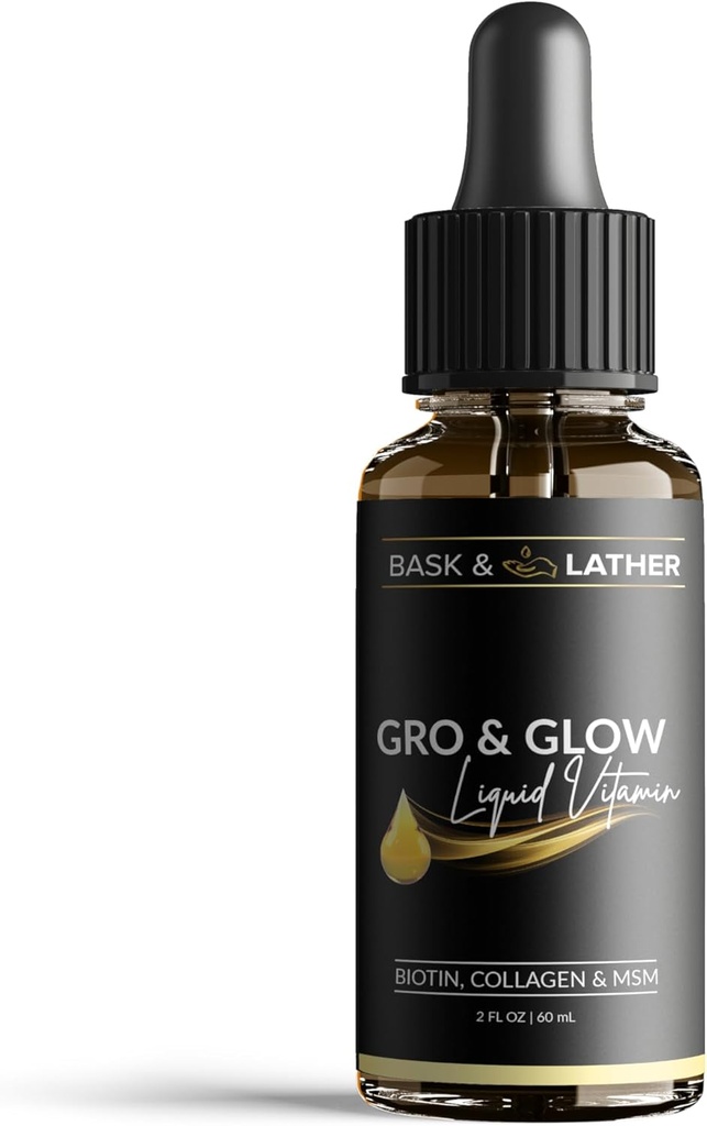 BASK & LATHER GRO & Glow Sıvı Vitamin, Kadınlar için Sıvı Kolajn, Biotin, Bayan, Beauty Supplement, Sağlıklı Saçları Destekleyin, Skin & Nails, Cherry Flavor, 2 FL Oz