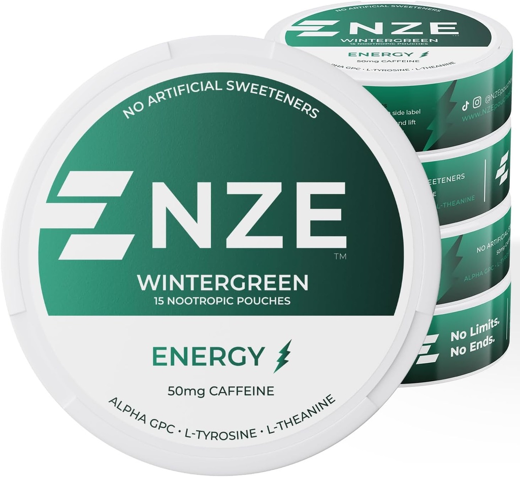 NZE Caffeine Nootropic Pouches (Wintergreen) - Ενεργειακοί σάκοι με 50mg Caffeine, Alpha GPC, L-Tyrosine & L-Theanine με Χωρίς Ζάχαρη ή Τεχνητά γλυκαντικά - 15 Pouchs Per Can - 5 Pack