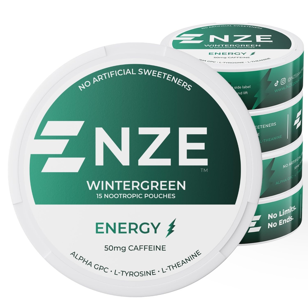 NZE Caffeine Nootropic Pouches (Wintergreen) - Enerji 50 mg Caffeine, Alpha GPC, L-Tyrosine & L-Theanine with No Sugar or Yapay Sweeteners - 15 Pouches Per Can - 5 Pack