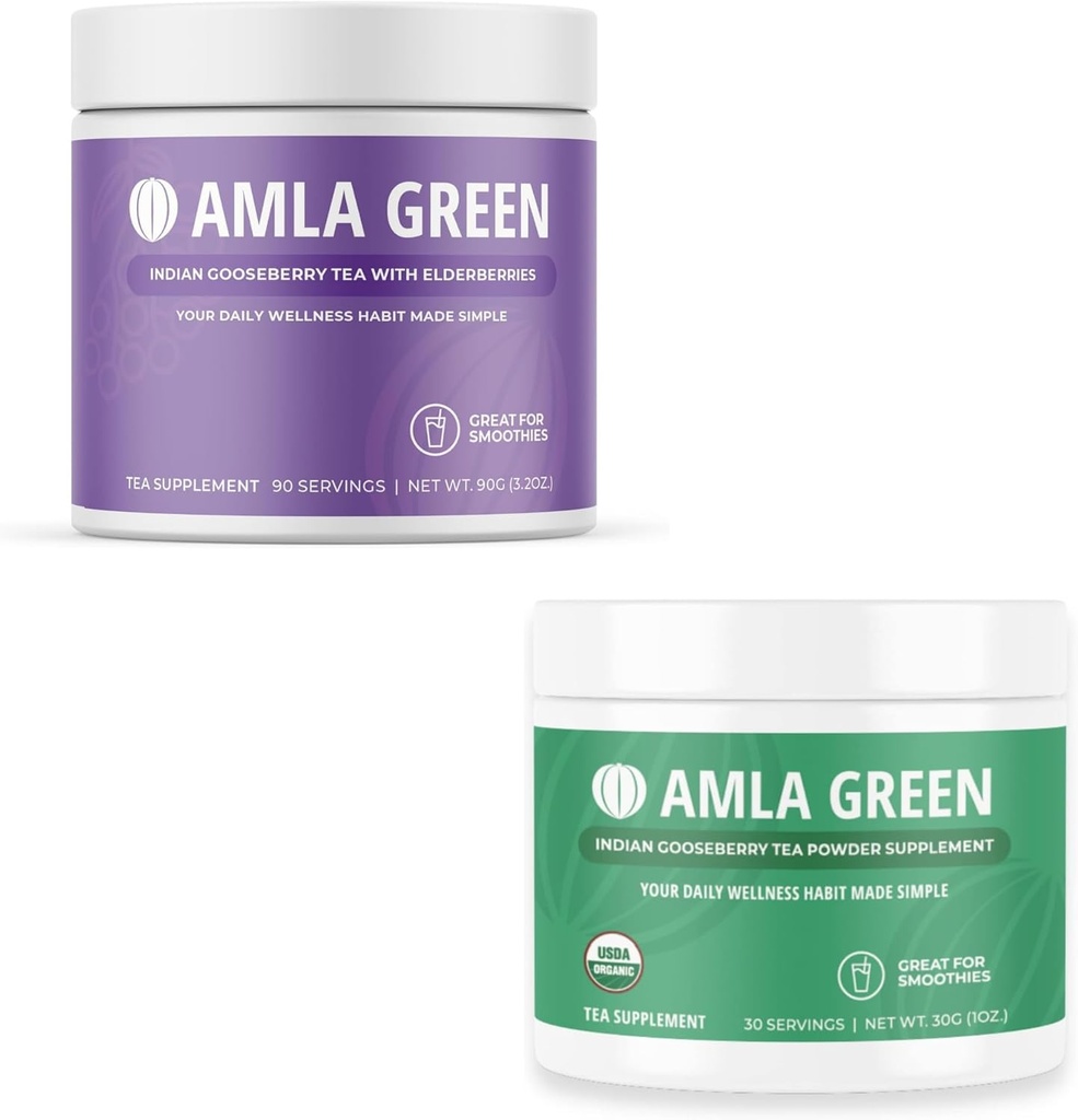Amla Powder & Green Tea Superfood Supplement, Αντιοξειδωτική Υποστήριξη, Made with Elderberries (90 Servings) & Ινδικά φραγκοστάφυλα (30 Servings), Βιολογικά, Vegan