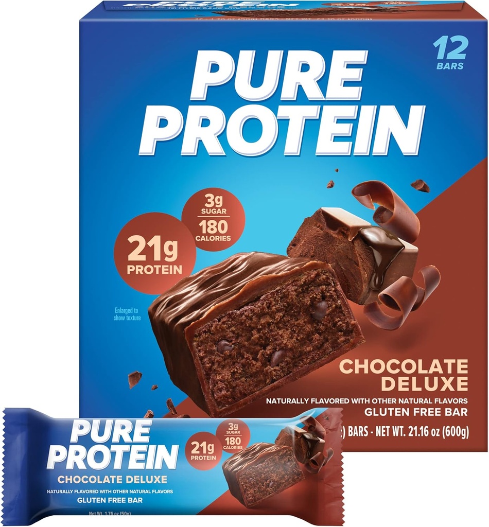 Pure protein Bars, Yüksek Protein, Nutritious Snacks to Support Energy, Low Sugar, Gluten Free, Chocolate Deluxe, 1.76 oz., 12 Count(Pack of 1) (Pazarlama değişebilir)