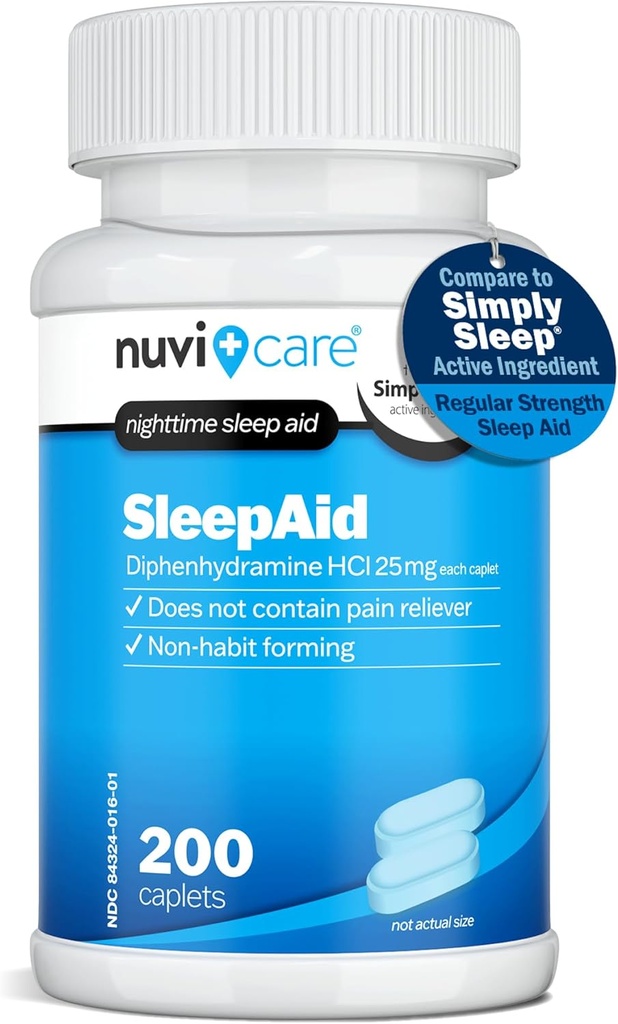 Nighttime Sleep Aid with Diphenhydramine HCl 25 mg - Yetişkinler için Düzenli Güç Uyku Pilleri - Ağrı Reliever - OTC Sleep Aids for Yetişkinler (200 Caplets)
