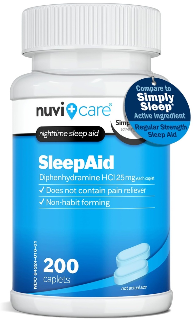 Nighttime Sleep Aid with Diphenhydramine HCl 25 mg - Yetişkinler için Düzenli Güç Uyku Pilleri - Ağrı Reliever - OTC Sleep Aids for Yetişkinler (200 Caplets)