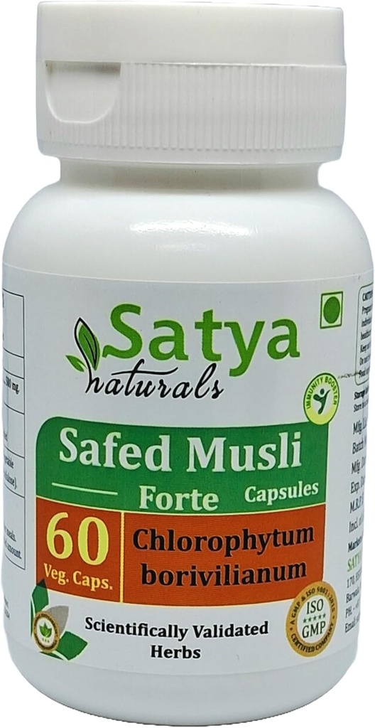 Güvenli Musli Forte Capsules 500 mg. 60 Veg. Capsule | Güvenli Musli (Chlorophytum Arundinaceum) Erkekler ve kadınlar için Kapsüller | Ayurvedic Herbal Supplement/Rrips (1 60 Capsules Şişe)