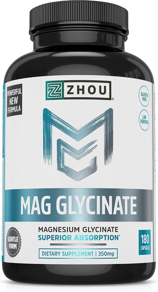 Zhou Magnesium Glycinate - Pure Mag Glycenate συμπλήρωμα για τους άνδρες και τις γυναίκες, φυσική βοήθεια ύπνου, υποστήριξη για την υγεία της καρδιάς, χαλάρωση μυών & ζωτικότητα - 180 Vegan Φιλικές κάψουλες