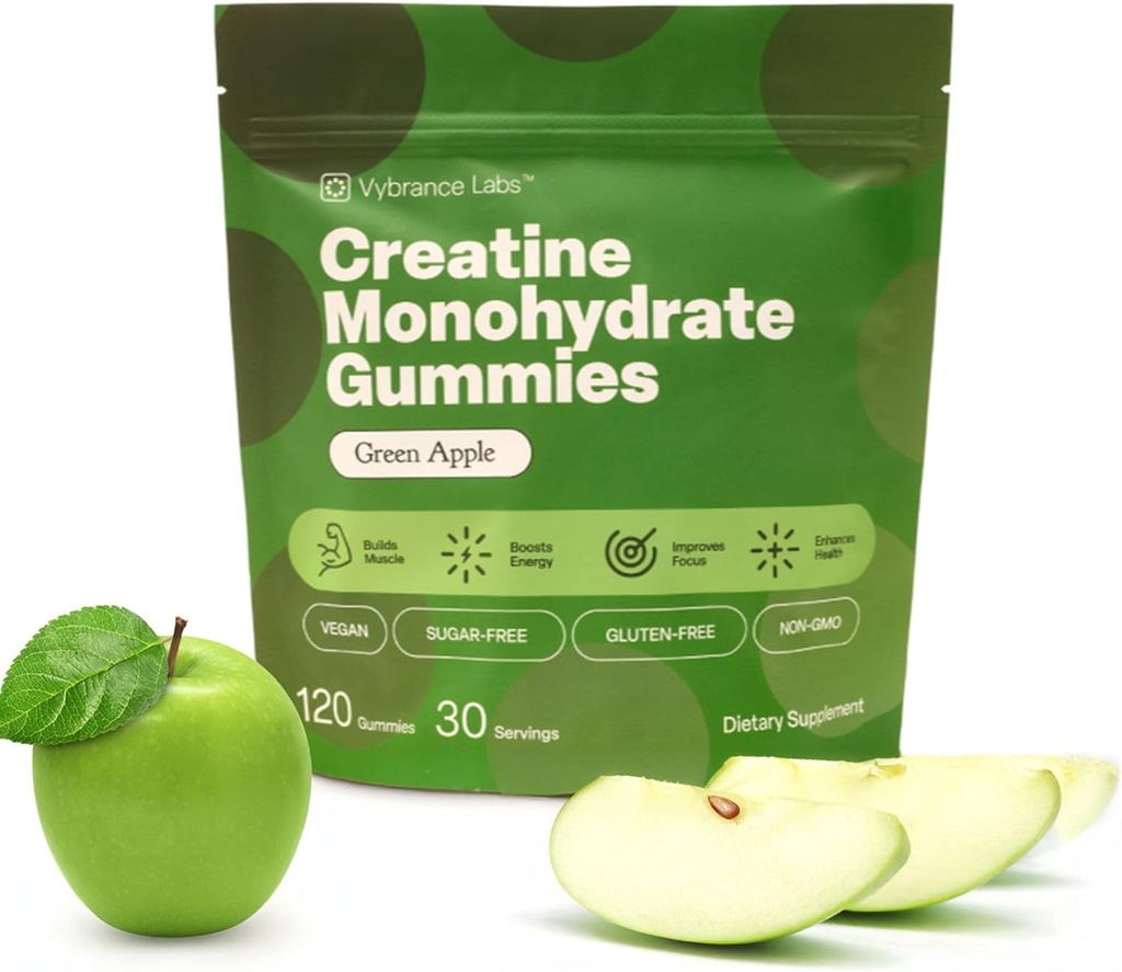 Creatine Gummies 5g Monohydrate + Taurine & B12 - Χωρίς ζάχαρη, Vegan, Χωρίς γλουτένη - Πράσινο μήλο - 120 Count (30 Services) για δύναμη, ενέργεια & εστίαση