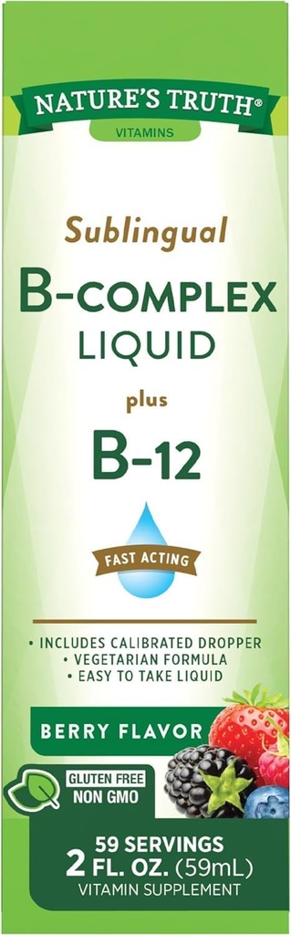Nature's Truth Sublingual B Complex Liquid Plus B-12 Natural Berry Flavor Liquid - 2 oz, Pack of 2 oz