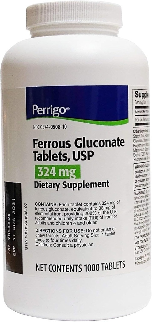Ferrous Gluconate Tablet, 324 mg, Green, 1000ct