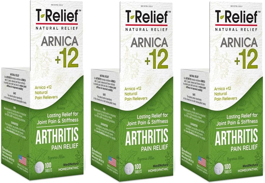 T-Relief Extra Strength Arthritis Pain Reliever Arnica +12 Ortak Soreness Stiffness Aches için Doğal Tıplar, Kadın ve Erkekler için Ağrı Ölçümü - 100 Tablet (Pazar 3)