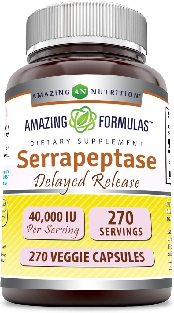 Amazing Formulas Serrapeptase Supplement | 40.000 IU | Veggie Capsules | Non-GMO| Gluten Free | Made in USA (270 Count)