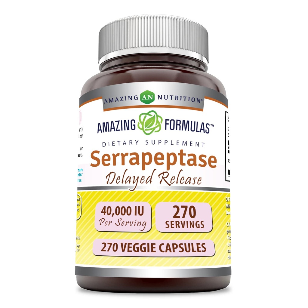 Amazing Formulas Serrapeptase Supplement | 40.000 IU | Veggie Capsules | Non-GMO| Gluten Free | Made in USA (270 Count)