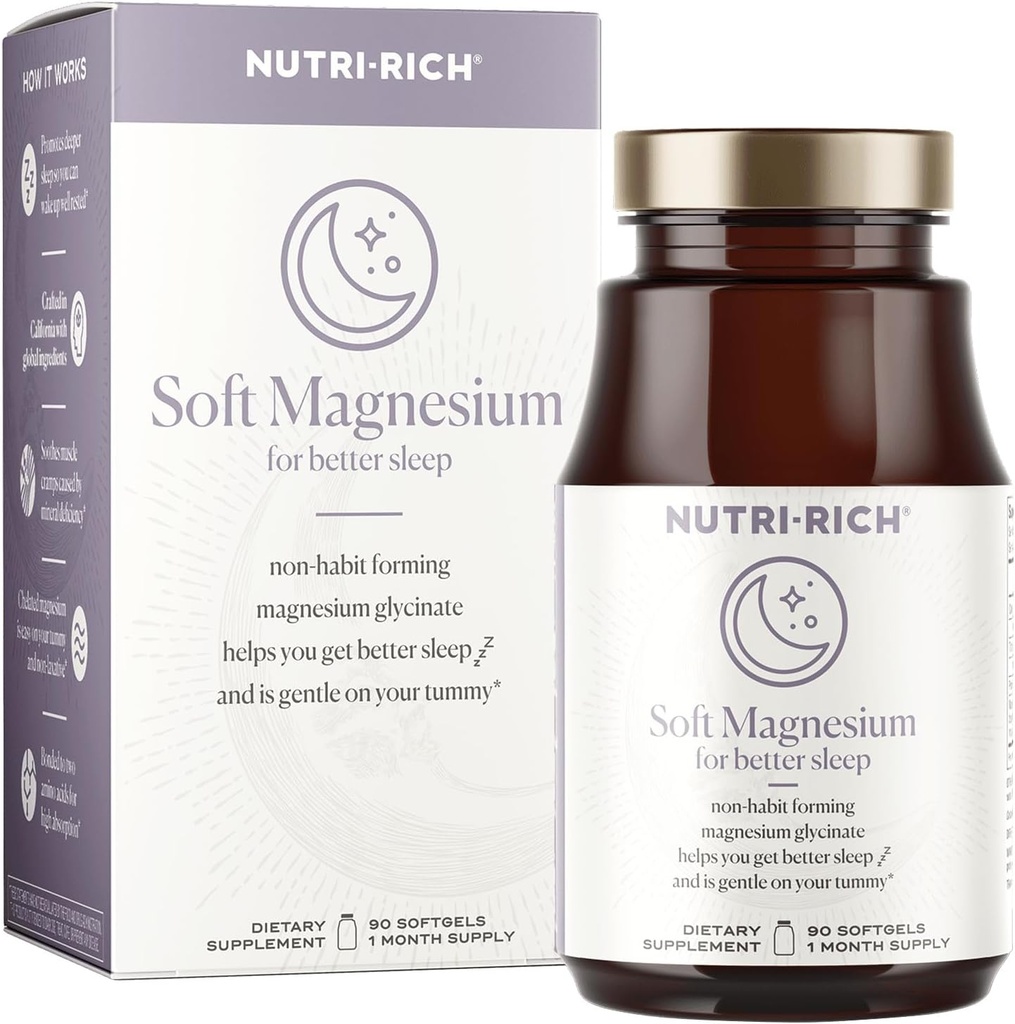 Nutri-Rich Μαγνήσιο Γλυκινικό Χηλικό, Μαγνήσιο 400mg, Βιταμίνη για καλύτερο ύπνο, MCT Λάδι, υψηλή ισχύς, Εύκολη απορρόφηση, Μυς, Υγεία της καρδιάς, Χαλάρωση, 90 κόμης, Χωρίς γλουτένη, Χωρίς σόγια, Μη ΓΤΟ