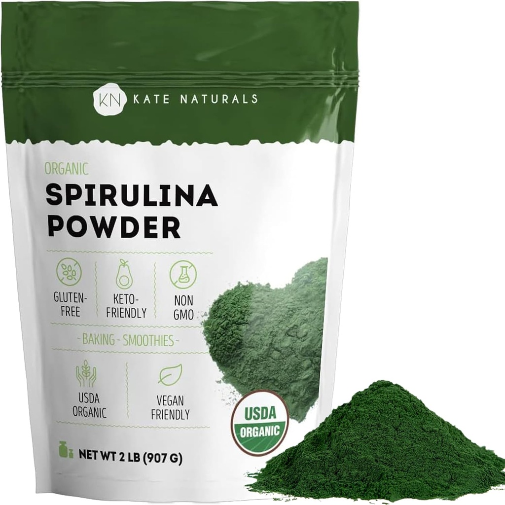 Kate Naturals Βιολογική σκόνη Spirulina. Nutrient Dense Superfood for Smoothies and Juice (2 lb, USDA Certified, Μη ΓΤΟ, Χωρίς γλουτένη)