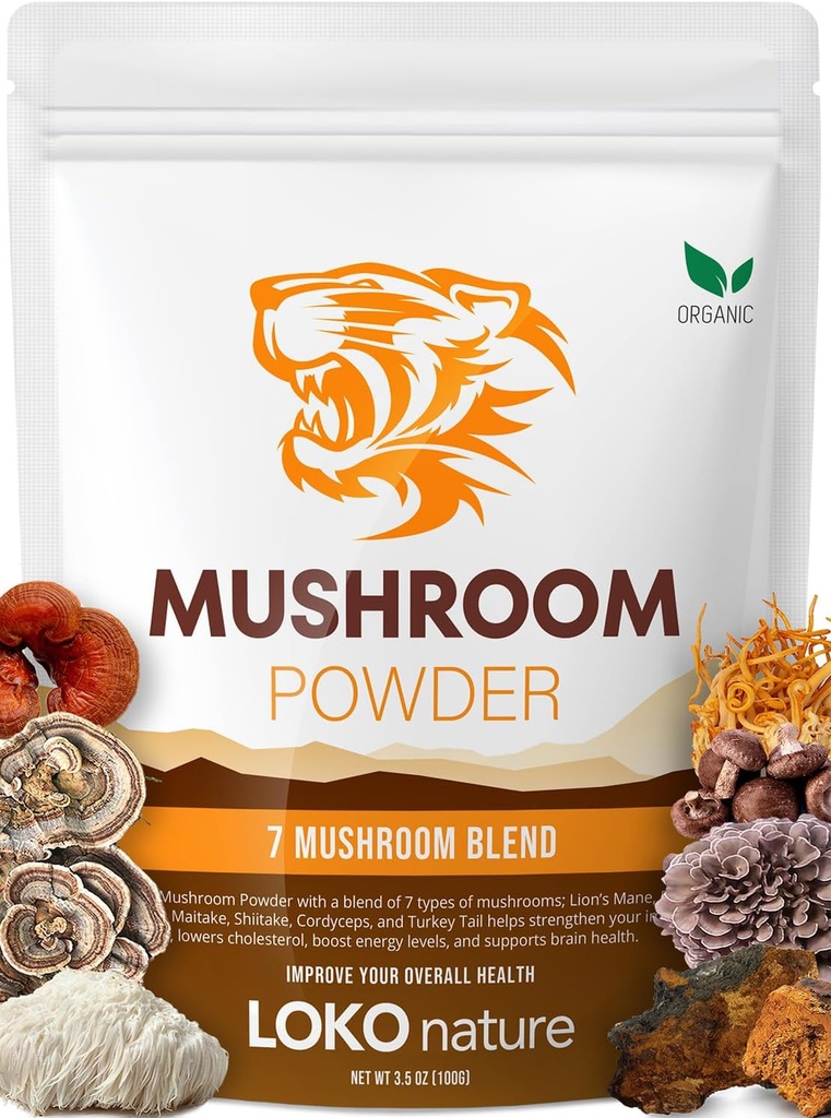 Tiger 7 Mushroom Toz Ekstraksiyon - 3.5oz (100g) Mix | Doğal Malzemeler - Lions Mane, Türkiye Tail, Maitake, Shiitake, Reishi, Chaga & Cordyceps | Gluten-Free, Vegan, Dairy-Free