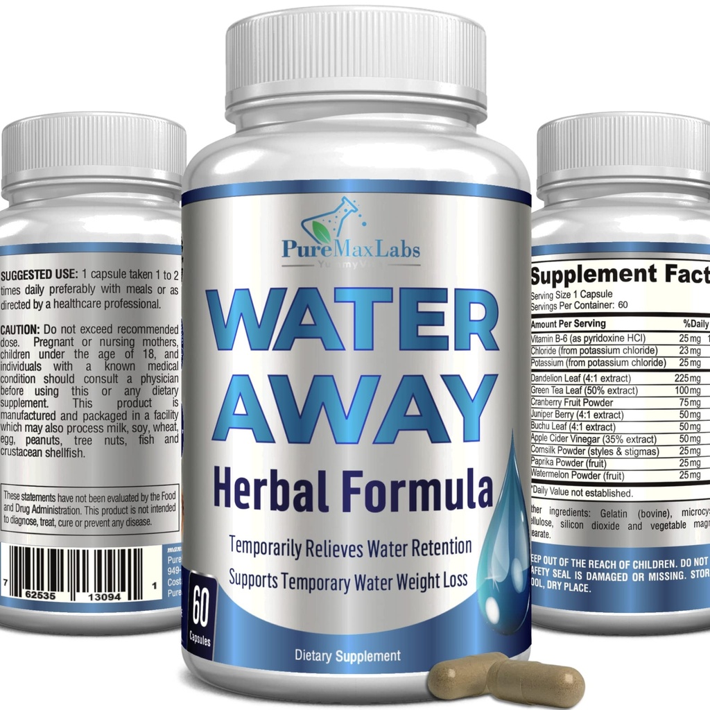Su Away Gentle Herbal Diuretic - Natural Diuretic Water Pills - Relieve Bloating, Excess Water Kilo with Dandelion Leaf, Green Tea, Detox Cleanse & Urinary Health. Non-GMO, 60 Capsules