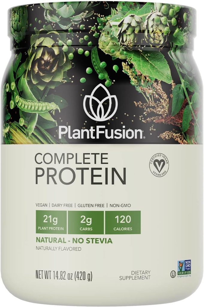 PlantFusion Complete Vegan Protein Powder - Σκόνη πρωτεΐνης με βάση το φυτό με BCAAs, Digestive Enzymes και Pea Protein - Keto, Χωρίς γλουτένη, χωρίς ζάχαρη, μη GMO - Natural-No Stevia 0,93 lb