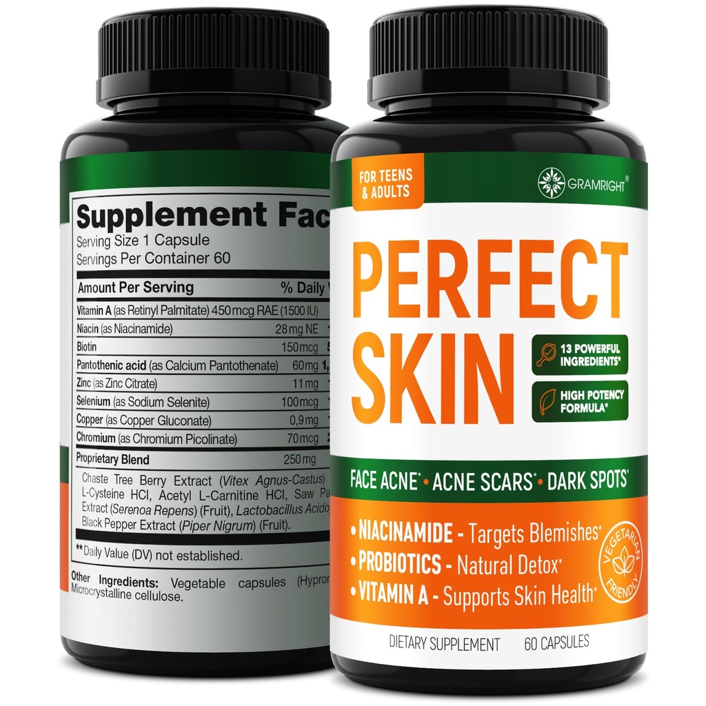 Mükemmel Skin Acne Capsules - Niacinamid, Biotin, A & Probiyotikler for Youth & Yetişkinler - Face Acne için 13 Güçlü Malzemeler, Acne Scars & Dark Spots - 60 Vegan Capsules, ABD'de Yapılan