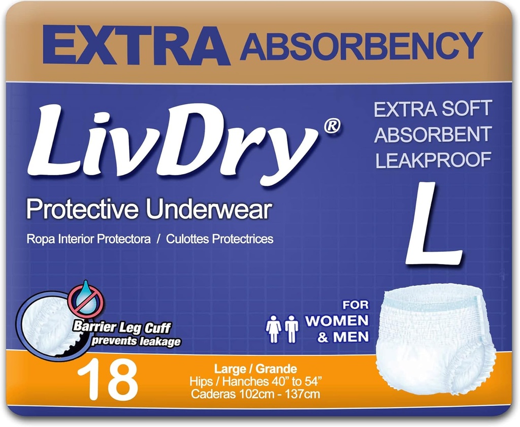 LivDry Adult Incontinence Underwear, Ekstra Absorbency Adult Diapers, Leak Koruma, Büyük, 18-Pack