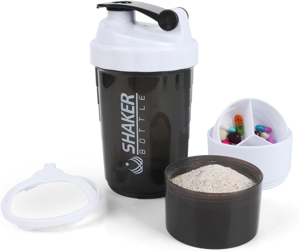 Shaker Şişe - Protein Shaker Cup with Storagettments - Leak-proof Workout Shake Şişes with Mikser for Smooth Mix-500ML/16oz (WHITE & BLACK)
