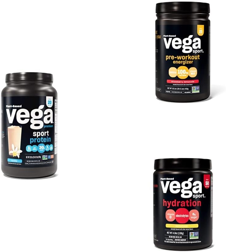 Vega Sport Routine Bundle - Premium Vanilla Protein Powder (20 σερβίρεται) Φράουλα Λεμονάδα Preworkout Energizer (25 σερβίτσια) και Λεμονάδα Ηλεκτρολυτική Ενυδάτωση (50 σερβίρεται)