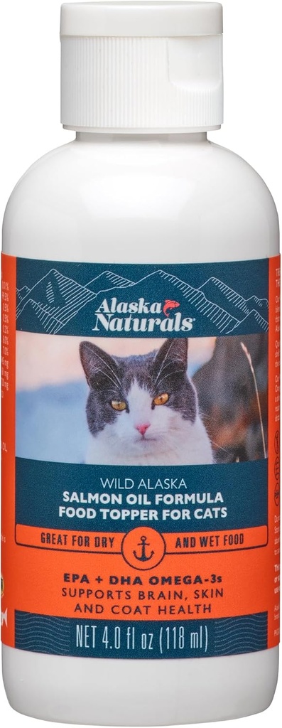 Alaska Naturals – Wild Alaska Salmon Oil Formula Cat Food Topper – EPA ve DHA Omega-3 - Kediler için Tamam, Shiny Coat - ABD'de Yapıldı - 4 oz Şişe