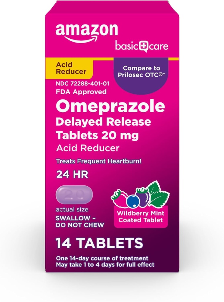 Temel Bakım Omeprazole Gecikmiş Yayın Tabletleri 20 mg, Asit Tespiti, Wildberry Mint Kaplaması, 14 Count