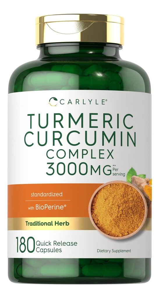 Carlyle Turmeric Curcumin Supplement | 3000 mg 180 Capsules | Black Pepper, Curcuminoids ve Bioperine | Non-GMO, Gluten Free