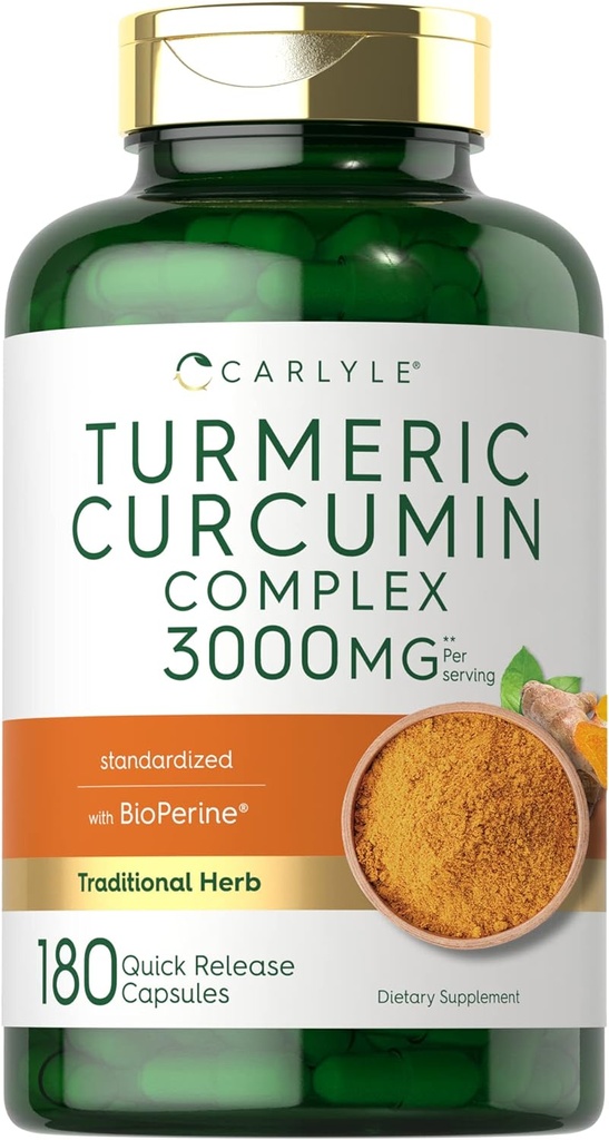 Carlyle Turmeric Curcumin Supplement | 3000 mg 180 Capsules | Black Pepper, Curcuminoids ve Bioperine | Non-GMO, Gluten Free