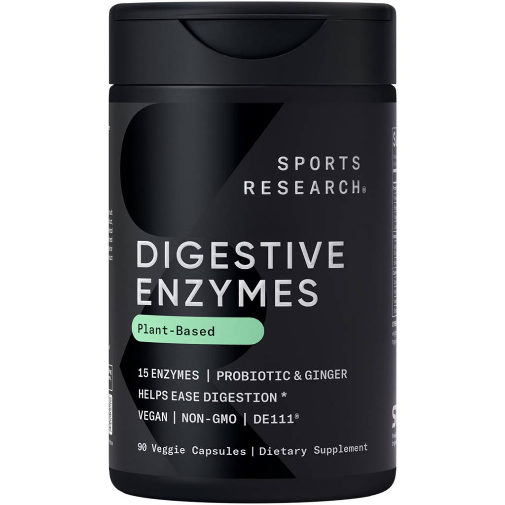 Sports Research Digestive Enzymes with Probiyotiks & Ginger - Plant Based for Dairy, protein, Sugar & Carbs - Non-GMO TY & Vegan Friendly (90 Veggie Capsules)