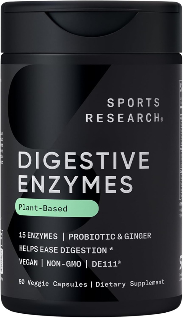 Sports Research Digestive Enzymes with Probiyotiks & Ginger - Plant Based for Dairy, protein, Sugar & Carbs - Non-GMO TY & Vegan Friendly (90 Veggie Capsules)
