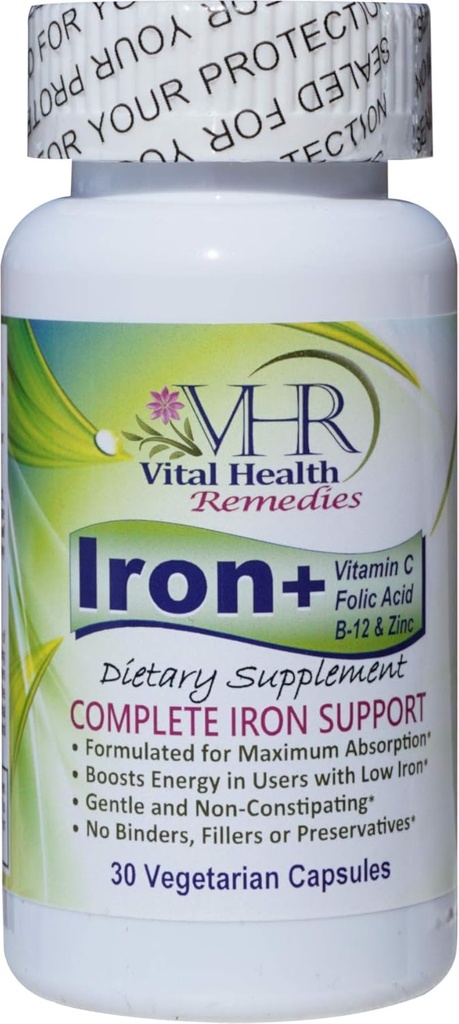 Demir+ Vitamin C, FOLIC Acid, B-12 & ZINC Preservative-Free, Gentle and Non-constipating Formulated for maximum Abxia. 30 Veggie caps - Vital Health Remedies