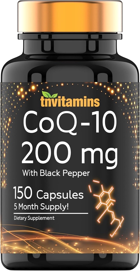 Tnvitamins CoQ-10 200 mg - Black Pepper Extract ile 150 Capsules | 5 Ay Supply! | Güçlü Ücretsiz Radikal Antioksit | Max Abxia Hızlı Yayın Kapsülleri | Coenzyme Q-10 200 mg