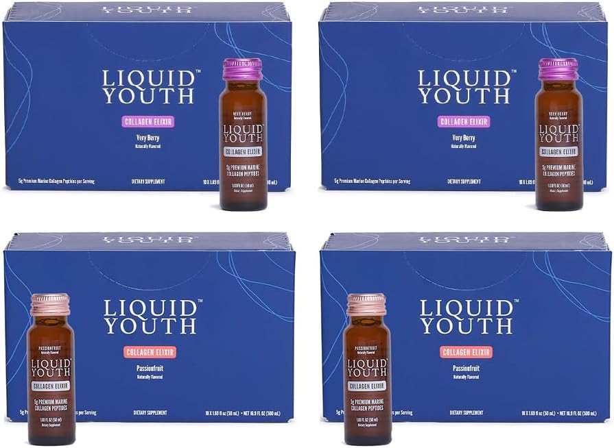 Kadınlar ve Erkekler için sıvı Collagen Elixir Shots - Saç Büyümesi, Skin, Nail, Bone & Joint Health - Pre-Mixed, Travel-Friendly (Passion Fruit & Very Berry, 40 Hizmet)
