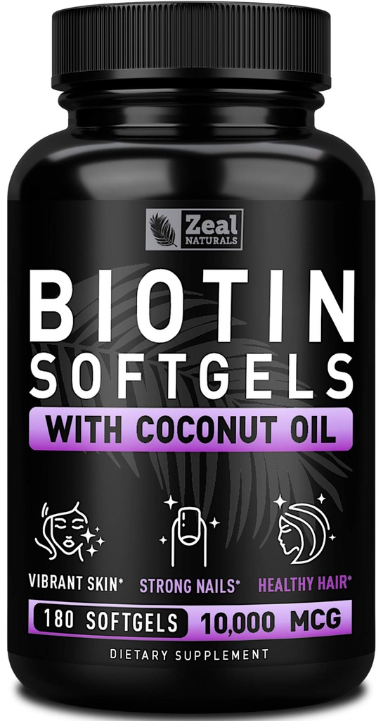 Zeal Biotin 1000006 Organik Buhar Yağı Yumuşakgels ile etiketlendi | Vitamin Biotin Supplement | Kadınlar ve Erkekler için Saç Skin ve Nails Vitaminleri | 6 mo Supply - 180 Gel Capsules