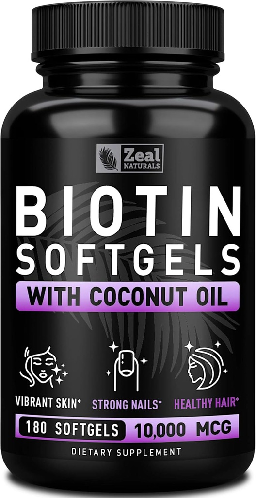 Zeal Naturals Biotin with Coconut Oil for Hair 10000mcg (180 Softgels) Tamam - Saç Skin ve Nails Vitaminleri için Biyotin 6 mo Supplygels)
