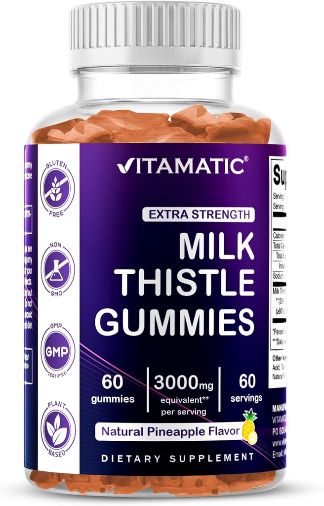 Vitamatic Milk Thistle Gummies- 10000 mg Ισοδύναμο ανά Σερβίρισμα (από 50: 1 Extract 200 mg) - Ήπαρ Detox & Αντιοξειδωτική Υγεία - Ελάχιστο 80% Silymarin Flavonoids - 60 Pectin Based Gummies