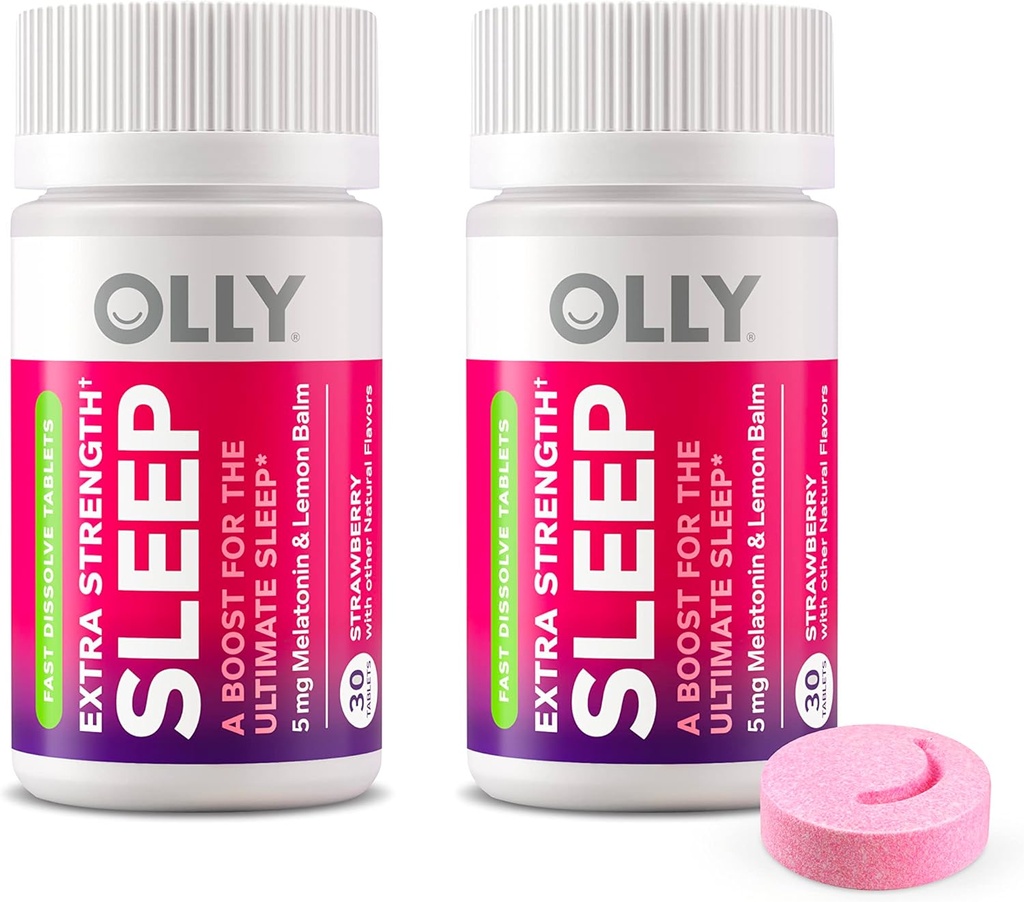 OLLY Extra Strength Sleep Fast Dissolve Tabletleri, 5 mg Melatonin, Vegan, Strawberry - 60ct